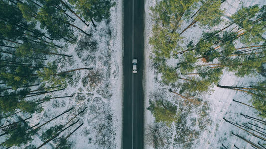 用道路鸟瞰雪林。 从上面用无人驾驶飞机捕获