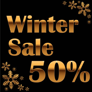 优雅的金色冬季刻字设计冬季销售50与闪亮和明亮的雪花在黑色背景。 矢量图EPS10