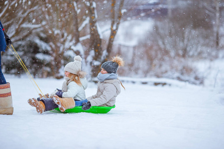 可爱的快乐小女孩在冬天的雪天雪橇