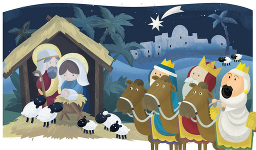 国王和神圣家庭传统场景插图儿童儿童双手造字神,与世隔绝的背景儿童