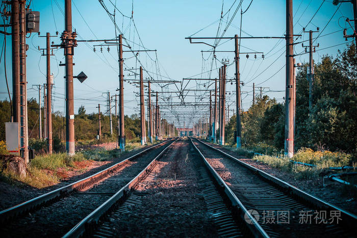 绿色田野的透视图蒲公英和铁路在蓝天和绿树下奔跑铁路运输