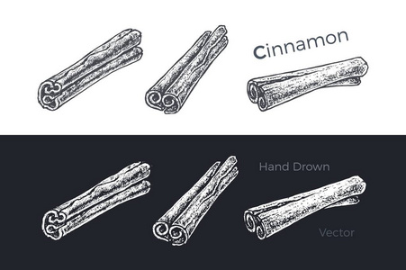 手绘肉桂棒。向量剪影集合