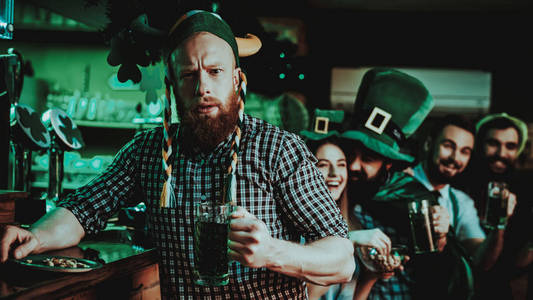 s Day. Bar Counter. Alcohol Handling. Ginger Beard. Smiling Male