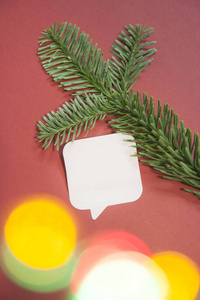 圣诞作文与纸空白, 圣诞树树枝, 灯光, 平层, 顶视图, 复制空间