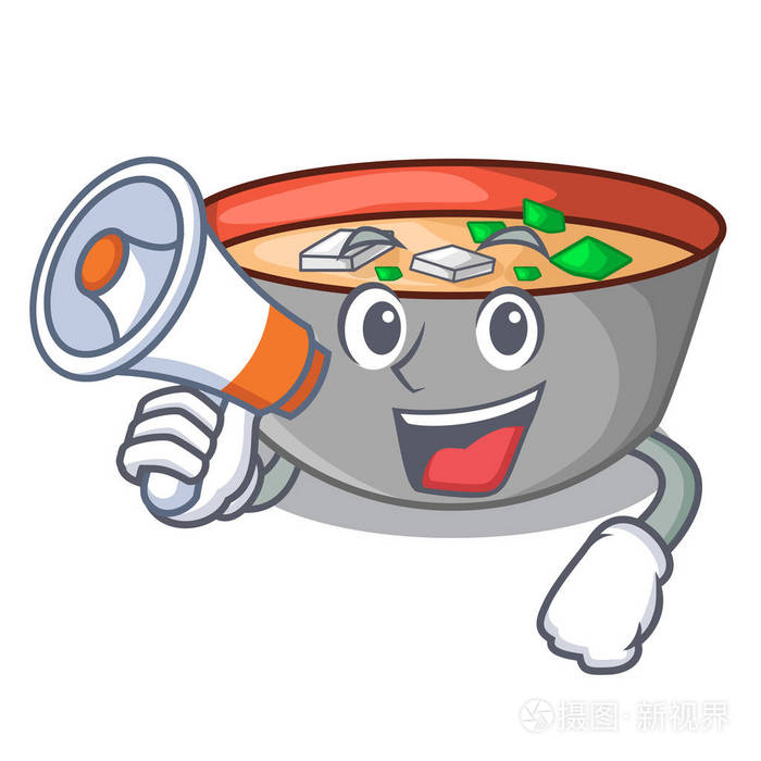 带有扩音器的日本米索汤在卡通碗矢量插图
