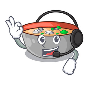 带耳机美味的米索汤饭卡通矢量插图
