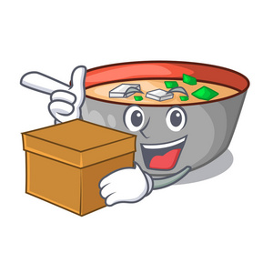 带有盒子的亚洲汤杯隔离在吉祥物矢量插图上