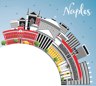 那不勒斯意大利城市天际线与彩色建筑蓝天和复制空间。 矢量图。 现代建筑的商务旅游和旅游理念。 那不勒斯有地标的城市景观。