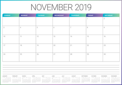 2019年11月办公桌日历矢量插图简单干净的设计。