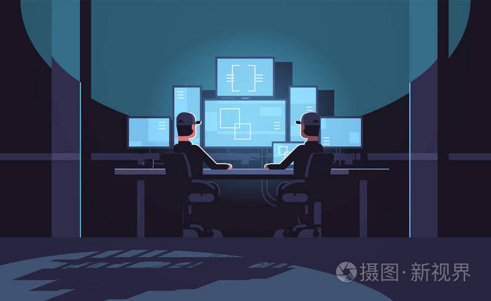 安保人员观看监控监控监控安全中心暗罩室内水平水平的监控监控监控