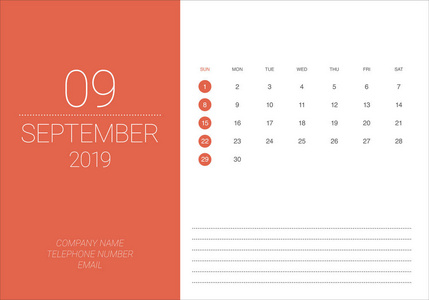 2019年9月办公桌日历矢量插图简单干净的设计。