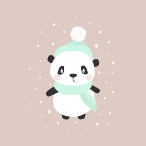 卡通熊猫在巫婆帽子坐手工绘制的斯堪的纳维亚风格的生日卡与可爱的有