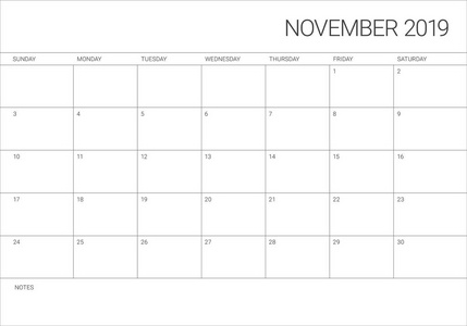 2019年11月办公桌日历矢量插图简单干净的设计。