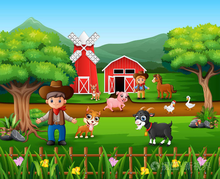 许多动物和农民的农场场景