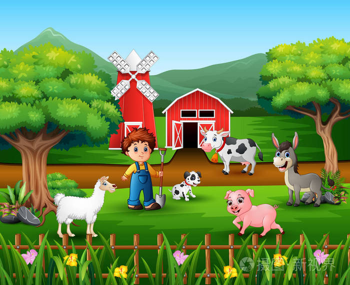许多动物和农民的农场场景