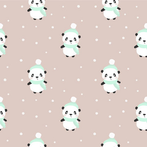 快乐的卡通熊猫。 角色圣诞熊猫。 可爱的无缝图案与熊猫戴着帽子和围巾在冬天。 矢量图。