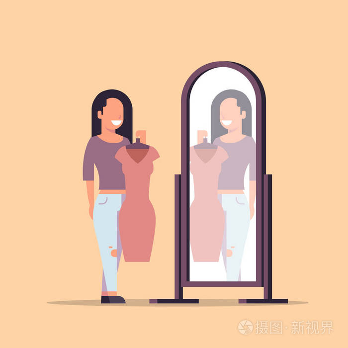 黑发女人尝试在新衣服优雅的女士看着镜子时装店女性卡通人物全长平