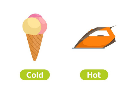 向量反义词和对立面. 又冷又热. 白色背景上的插图. 外语学习教具卡.