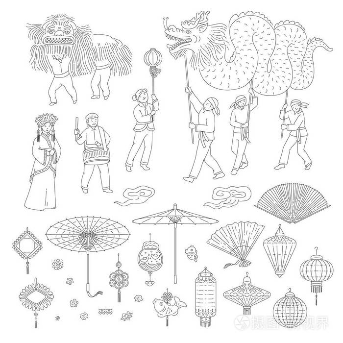 向量中国新年人黑白线艺术设置灯笼护身符为假日家居装饰.