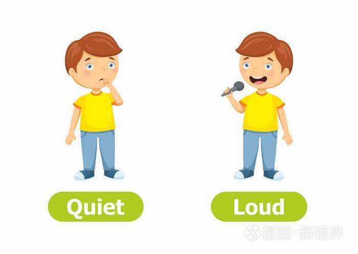 安静而响亮. 白色背景上的卡通人物插图.