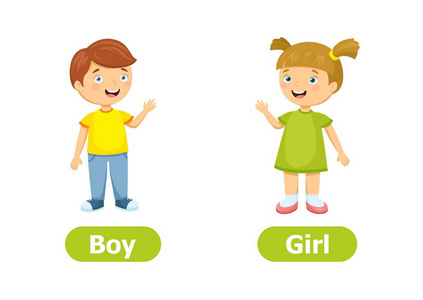 向量反义词和对立面。 男孩和女孩。 白色背景上的卡通人物插图。 儿童卡可用作外语学习的教具。
