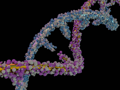 DNA分子位于黑色背景的前面.抽象拼贴。3D绘制