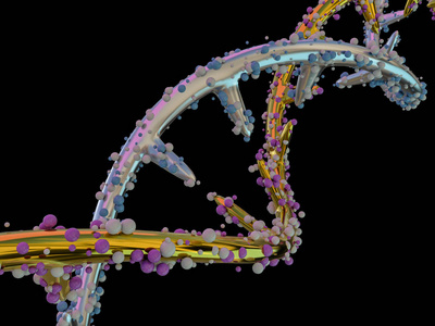 dna分子位于黑色背景的前面.抽象拼贴.3d绘制照片