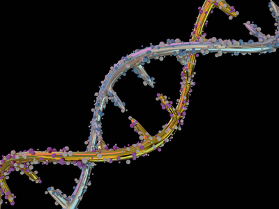 DNA分子位于黑色背景的前面.抽象拼贴。3D绘制
