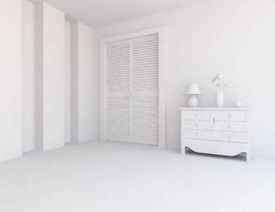 一个白色的空斯堪的纳维亚房间内部的想法，梳妆台在木地板上。家北欧内部。3D图案