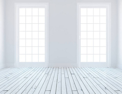 白色房间内部有窗户。斯堪的纳维亚的室内设计。三维插图