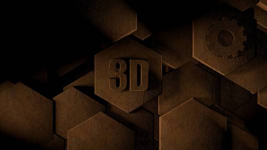 3D插图抽象未来主义背景从许多不同的六边形，蜂窝木材，想法的屏幕保护和背景。三维图形和齿轮的符号。3D绘制。