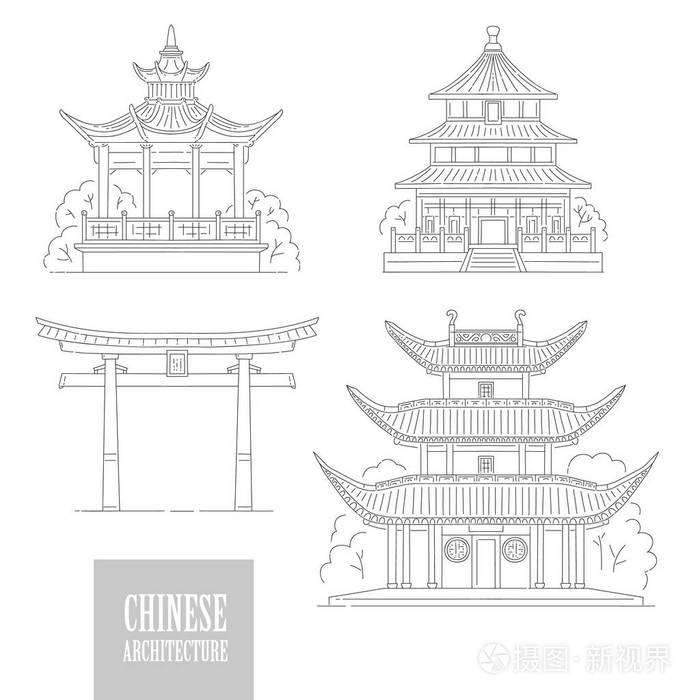 东方建筑黑白线艺术门塔和凉亭不同的中国传统民族建筑插画-正版商用
