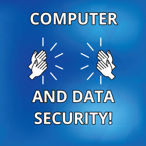 显示计算机和数据安全的文本符号。概念照片在线软件安全密码保护图 hu 分析手拍打掌声声音图标上的蓝色背景