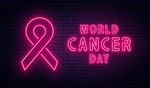 世界癌症日2月4日霓虹灯风格的红丝带。 世界癌症日背景设计。 向量