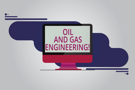 显示石油和天然气工程的文字符号。概念照片石油公司工业过程工程师在抽象背景上安装计算机显示器空白反射屏幕