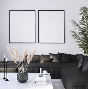 模拟海报框架在家庭内部背景现代风格客厅3D渲染