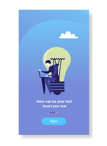 商人坐灯工作笔记本电脑创意创新理念平面垂直复制空间