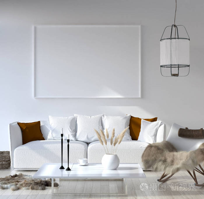 模拟海报框架在家庭内部背景波西米亚风格客厅3d渲染