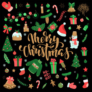 新年快乐，圣诞涂鸦。 收集圣诞元素，设计节日贺卡和邀请圣诞快乐和新年快乐季节性寒假。