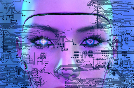 电子电路三维渲染的女性机器人人脸