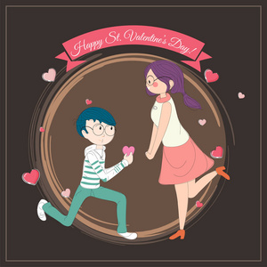 一对可爱的情侣插图，情人节快乐贺卡设计。