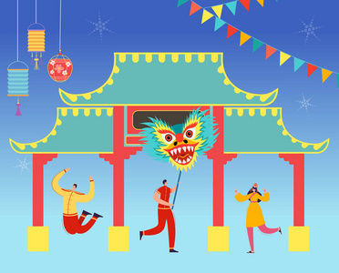 中国农历新年人们拿着龙。舞狮角色在或狂欢节上穿着中国传统服装。向量例证