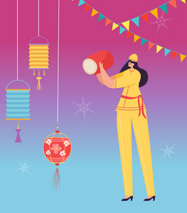 中国女子鼓手庆祝农历新年。狮子龙舞女角色在或狂欢节上穿着中国传统服装。向量例证