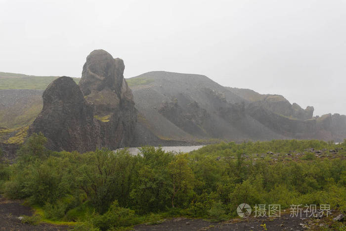 冰岛景观。 在冰岛下雨天的jokulsargljufur国家公园