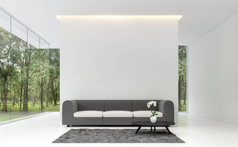 最小客厅与白色背景3D渲染图像。白色房间装饰灰色织物家具装饰灰色地毯。 俯瞰花园的大无框窗户。