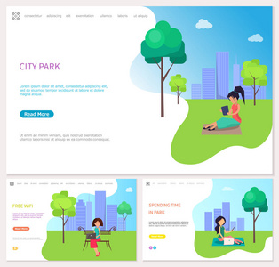 使用免费无线上网向量在城市公园度过的时间