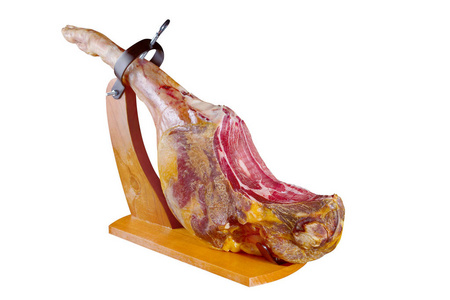 传统西班牙语 jamon serrano, 意大利帕尔马, hamon ibico, prosciutto, 腿查出在白色