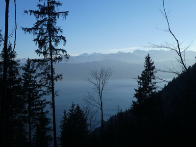 奥地利山顶岩石全景冬季雾蓝天