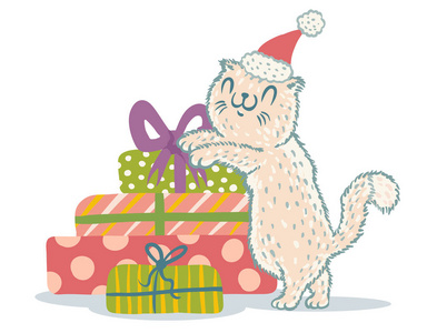 带有圣诞礼物的可爱猫的矢量插图。 戴着圣诞帽的猫。