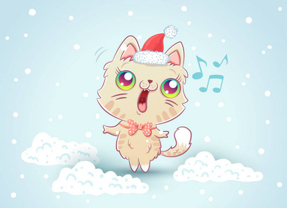 圣诞帽里一只可爱猫的矢量插图。 卡瓦伊风格的白雪公主